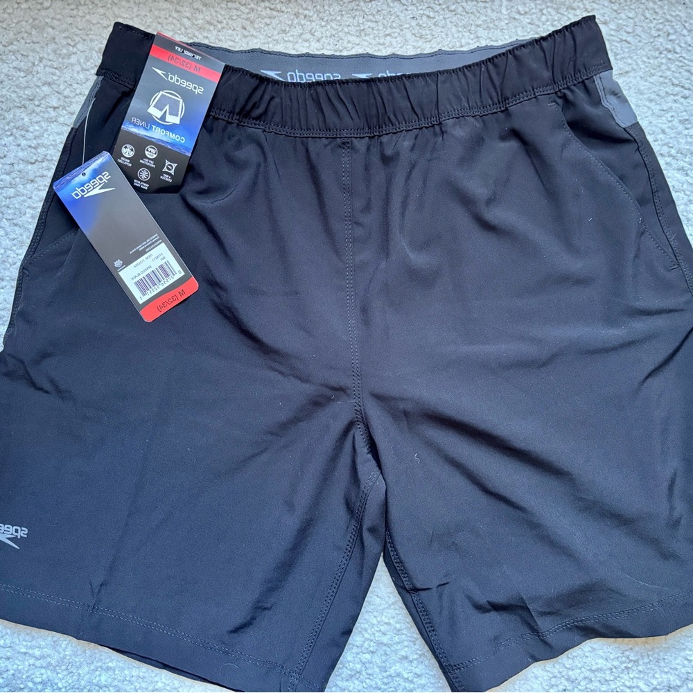 Speedo Men’s Black Athletic Swim Shorts with Elastic Waist